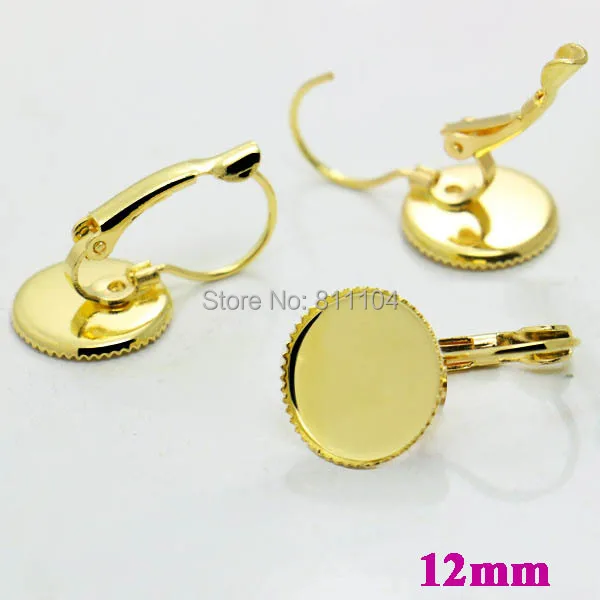 

12mm New Golden Plated Round Bezel Caps Bases French Style Clip Hook Earrings Settings Blank for 12mm CABs Cabochon Wholesale