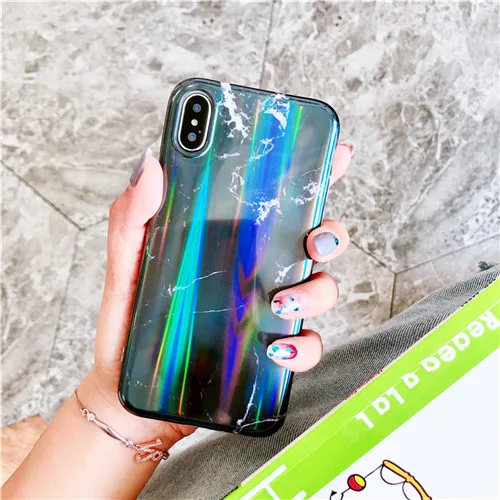 B Лазерный мраморный чехол Aurora для iphone 11 Pro MAX XR X XS Max, глянцевый мягкий силиконовый чехол для iphone 6 6s 7 8 7 plus, задняя крышка для телефона - Цвет: B