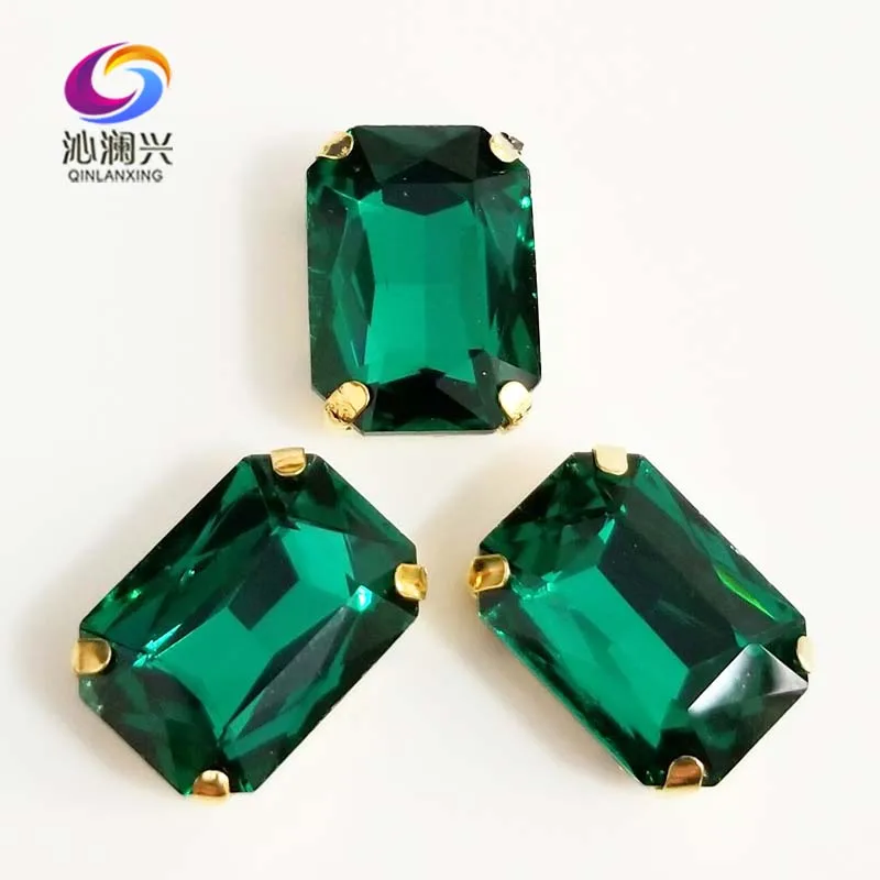 Малахит зеленый Прямоугольный Стеклянный хрусталь пришивные камни золотой низ