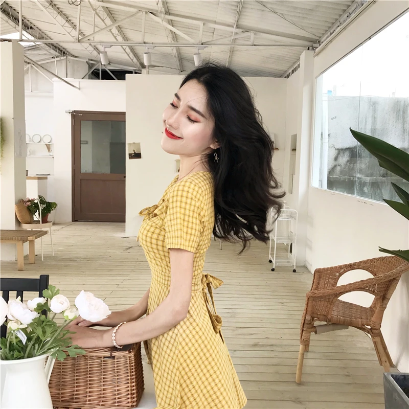 Lychee Girls Slim Plaid Lace Up Short Sleeve Summer Women Dress V Neck Causal A Line Female | Женская одежда