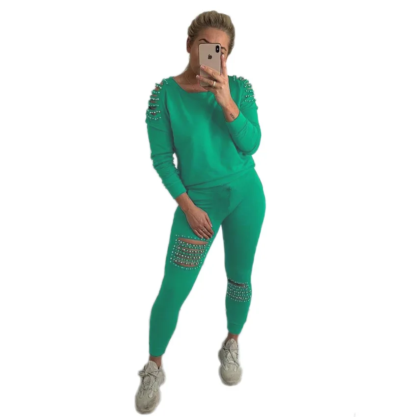 

New Design Beads Hollow Out Full Sleeve Length Women Top With Pants Suits