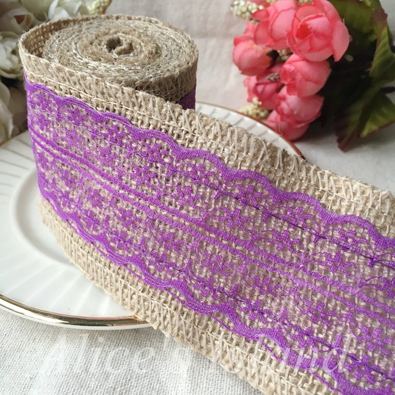 

200cm/roll Purple Lace Natural Hessian Burlap Jute Ribbon Party decoration Vintage Rusitc Wedding Gift Wrapping