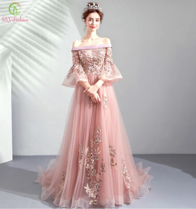 Женское вечернее платье до пола SSYFashion розовое с вырезом лодочкой рукавами 2019 и