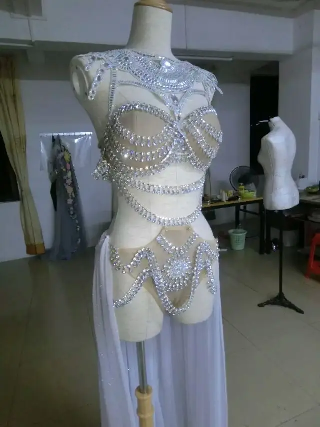 Боди Стразы с блестками женский костюм певец сексуальная кожа белый DJ MC DS