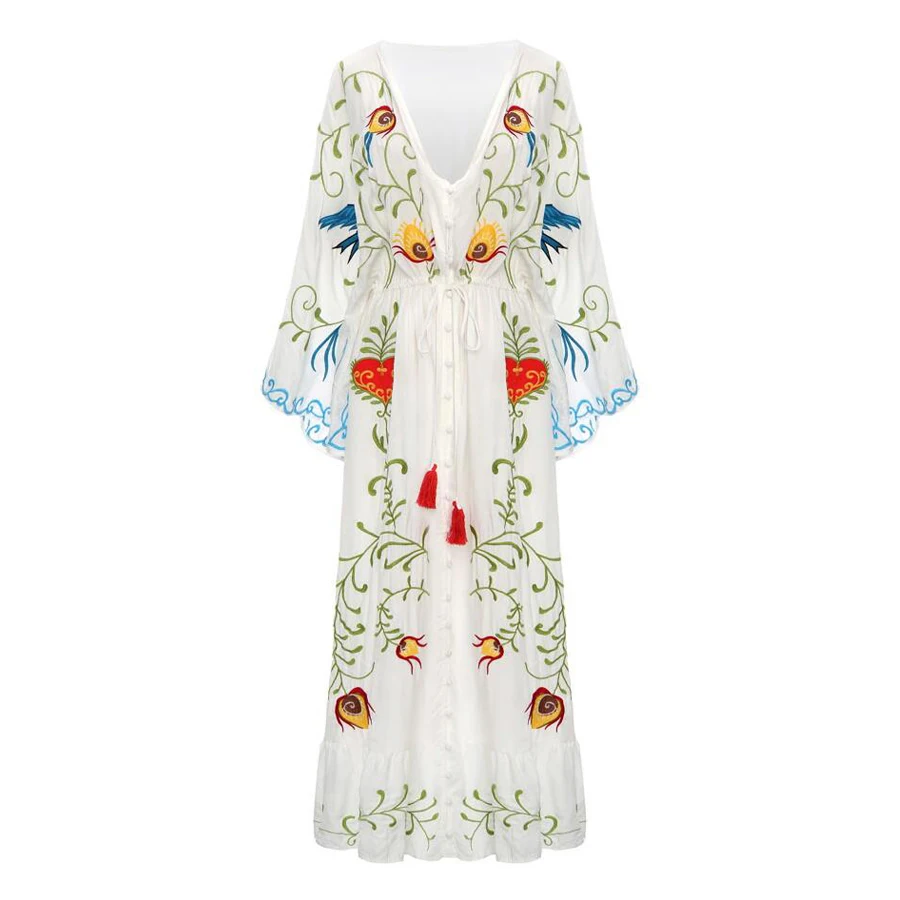 TEELYNN white maxi dress Vintage cotton floral Embroidery dresses sexy deep V-neck beach Elastic waist brand women | Женская одежда