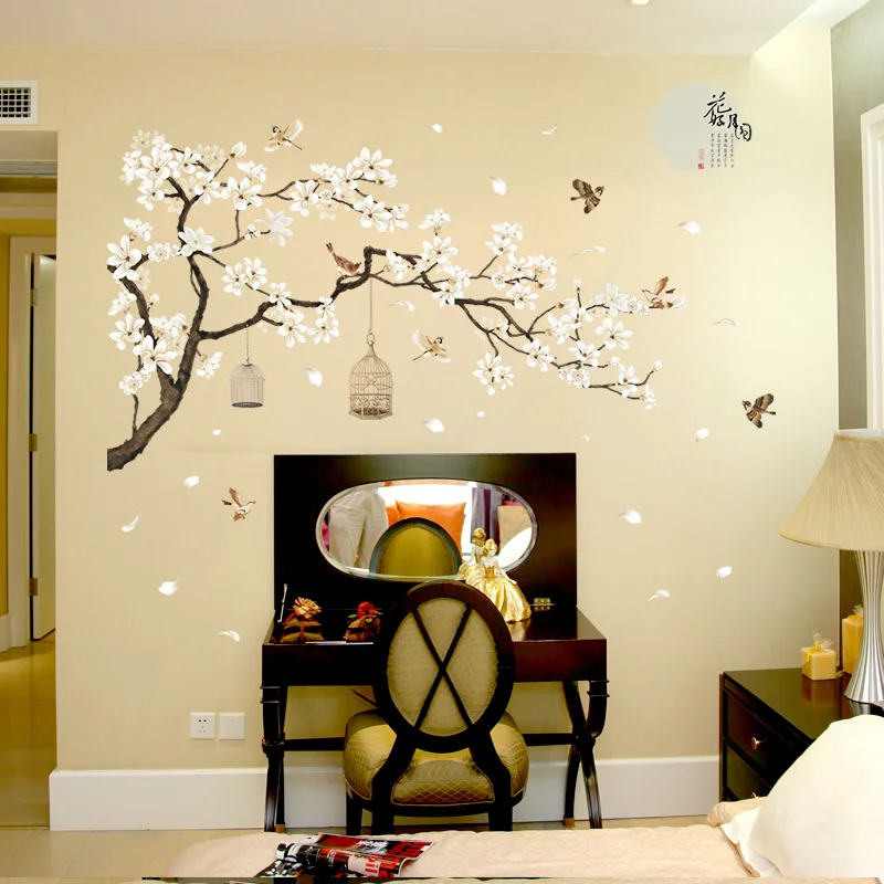 Large white flower wall sticker tree for bedroom adhesive home decor family decal lovely living room picture | Дом и сад