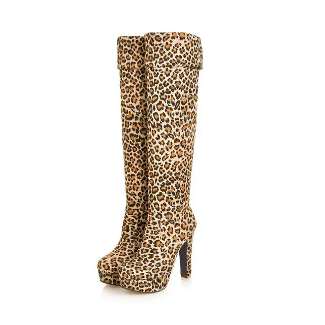Leopard Новые женские сапоги выше колена на высоком каблуке без застежки; пикантные высокие сапоги; женские ботильоны из флока на платформе в стиле пэчворк; два способа носки; большие размеры 34-46 - Цвет: Leopard