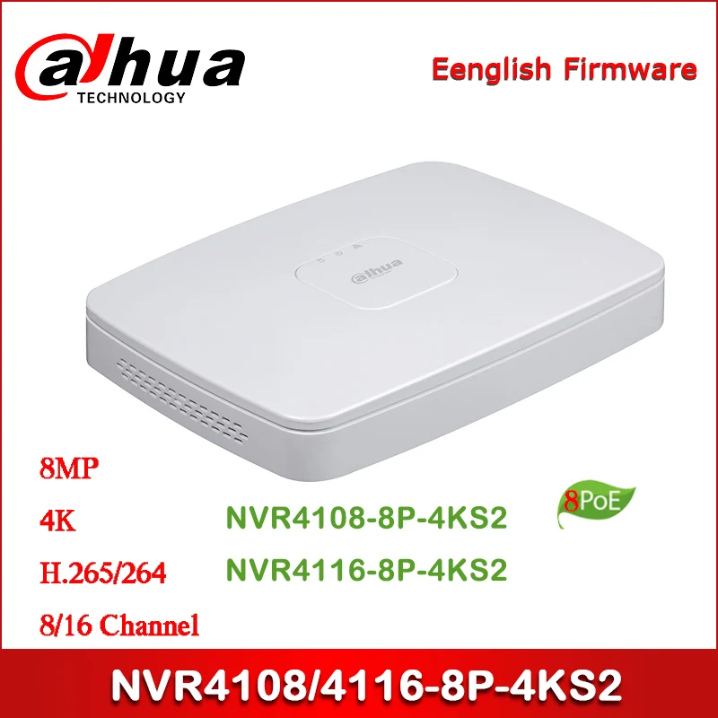 Dahua POE NVR NVR4108-8P-4KS2 NVR4116-8P-4KS2 8/16 канальный Смарт 1U 8PoE 4K& H.265 Lite сетевой видеорегистратор