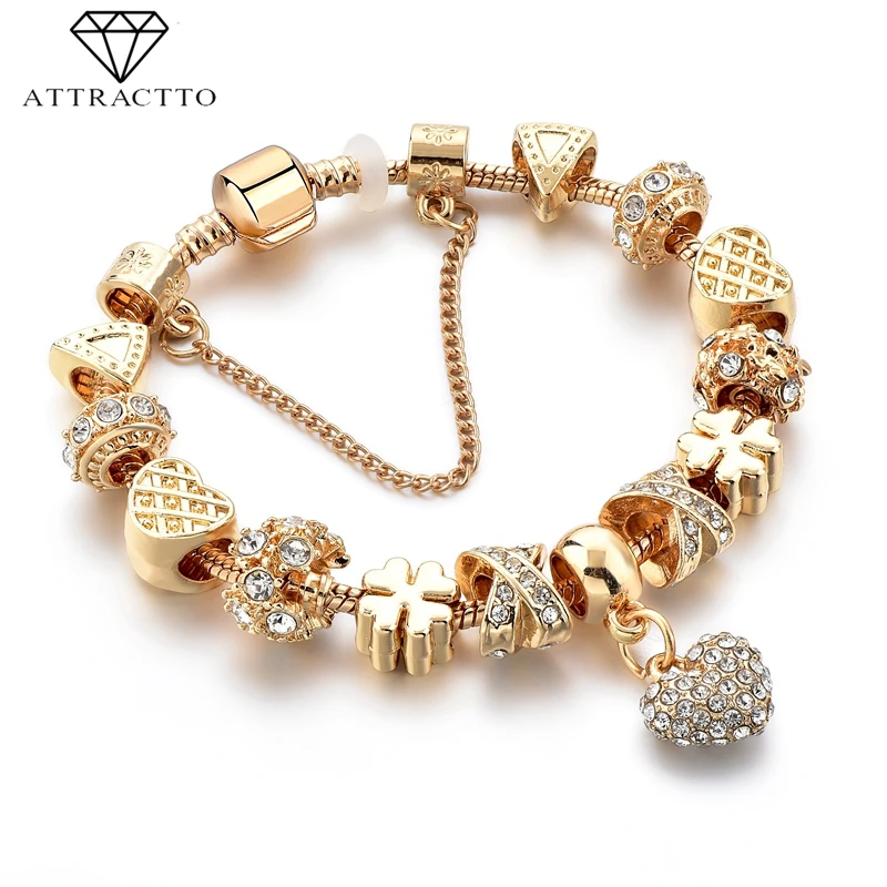 

ATTRACTTO Gold Heart Charm Bracelets&Bangles For Women Stainless Steel Bracelet Handmade Jewelry Crystal Bracelet SBR190043