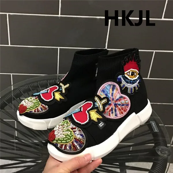 HKJL высокие эластичные носки обувь г. Новые сверхпрочные модные вязаные ботинки с бусинами универсальные Кроссовки Женская мода