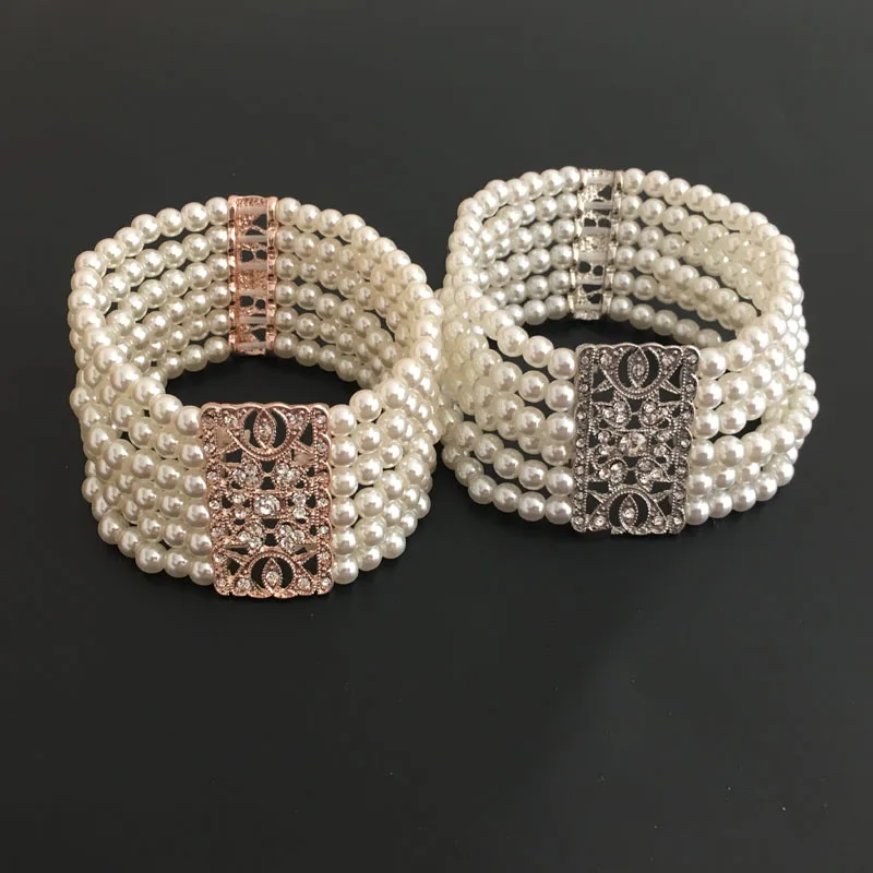 

SLBRIDAL Trendy Rose Gold Clear Crystal Wedding Bracelet Rhinestones Pearls Bridal Bracelet Bridesmaids Stretch Bracelet Women
