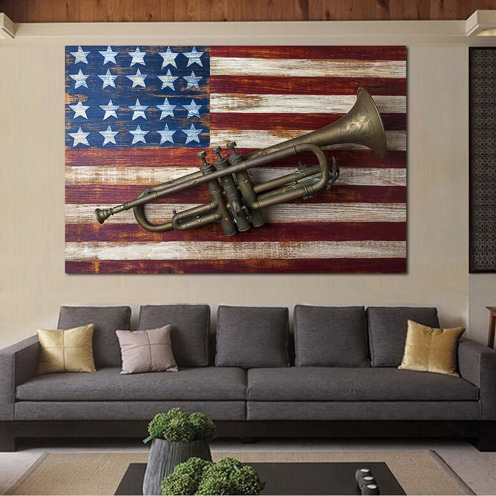 JQHYART Canvas Wall Art Old Trumpet On American Flag Photograph Painting Pictures For Living Room Home Decor No Frame | Дом и сад