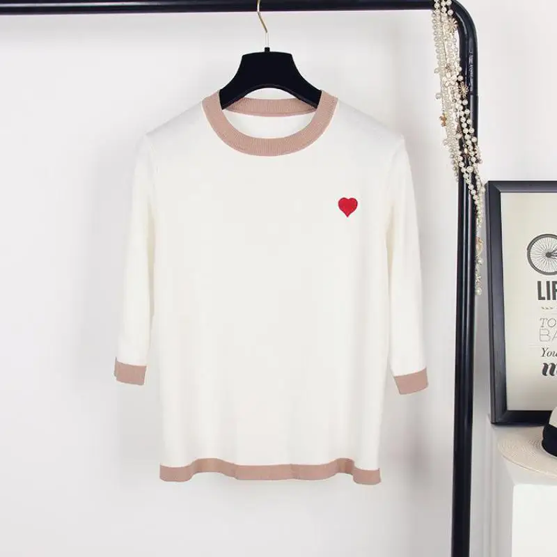 2019 Summer Women Knitted Tees Ice Silk Knitting Shirts O-neck Short Sleeve Tops Heart Embroidered Sweaters Female Pullovers | Женская
