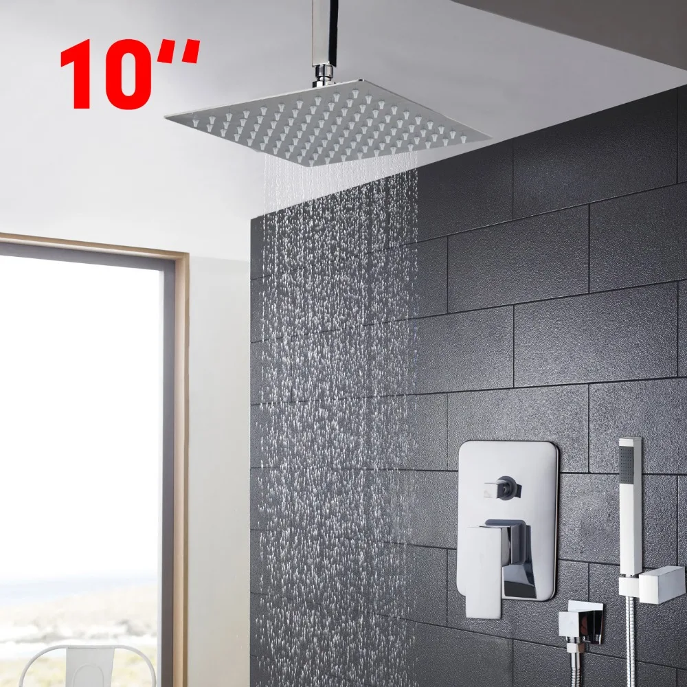 

10 Inch Modern Universal Bathroom Rainfall Shower Head Polished Wall Mouned Swivel Panel Mixer Tap Faucets Set Chrome Finished