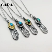 2019 new feather necklace 2 tone 316l stainless steel marble stone feather pendant necklace indian elements necklace cara0357