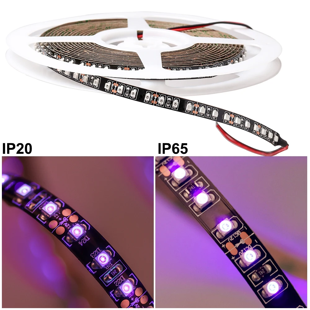 12V UV ультрафиолетовая 395 405nm Светодиодная лента 3528 SMD 120led/m 5 м/лот 8 мм черная