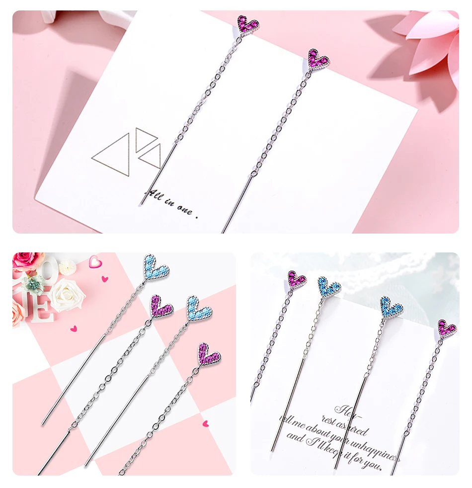 UMODE Real 925 Sterling Silver Drop Earrings for Women Fashion Tiny Heart Long Chain Dangle Earring Silver Jewelry LE0619