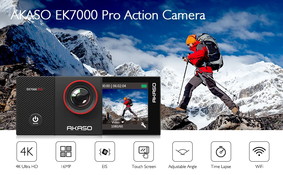 AKASO EK7000 Pro 4K Экшн-камера с пультом дистанционного управления Сенсорный экран Спортивная камера EIS регулируемый угол обзора 40 м Водонепроницаемая камера
