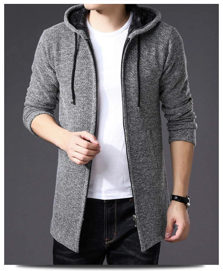 Light Gray MoneRffi свитер Мужская одежда Зимний толстый теплый длинный мужской свитер с капюшоном пальто с хлопковой подкладкой пальто на молнии - Цвет: Light Gray
