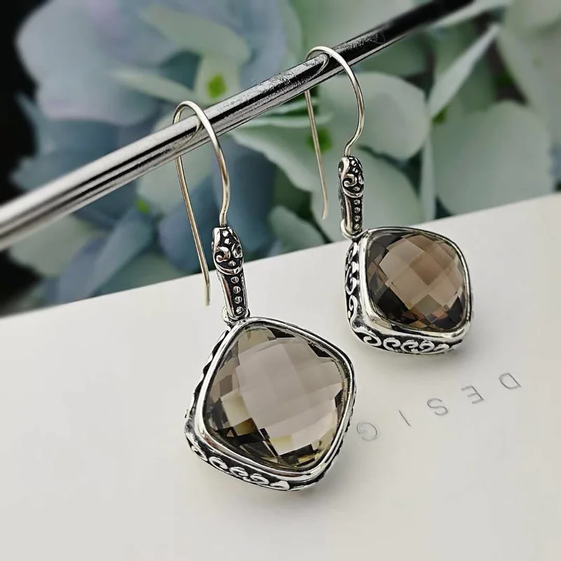 Earings Silver Sterling 925 Natural Gemstone Smoky Quartz Faceted Drop Earrings For Women Ladies Fine Jewellery Vintage Design