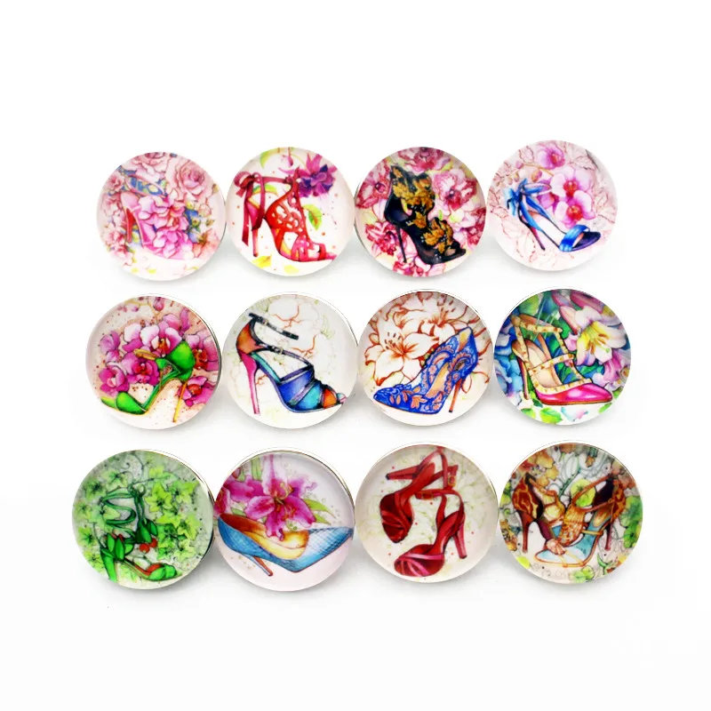 

50pcs/lot New Snap Watercolour High-Heeled Shoes Glass Snap Buttons Charms Fit 18mm Snap Button Necklace Bracelet DIY Jewelry