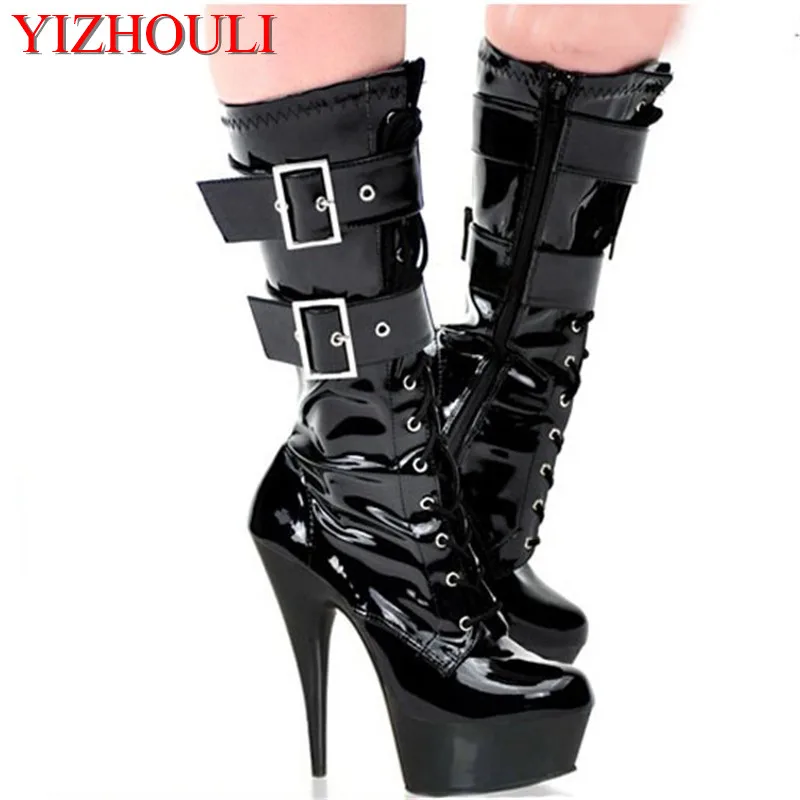 Dance Shoes 15CM super high heel, sexy patent leather elastic boots of the night field adjustment belt buckle high boots