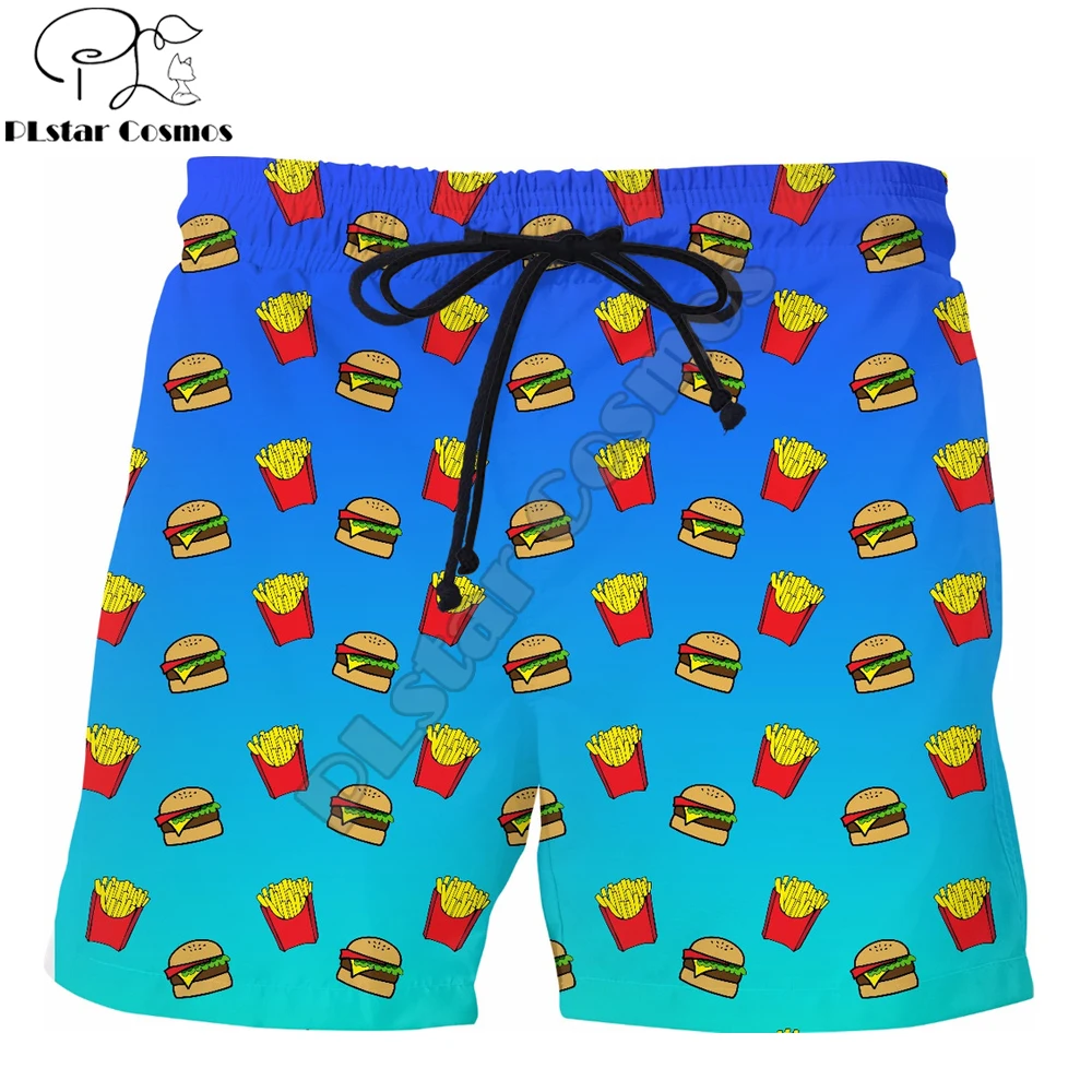 

PLstar Cosmos 2019 New summer vibes shorts Burger and Fries Blue Ombre 3D Printed Male/Female Harajuku Casual Shorts