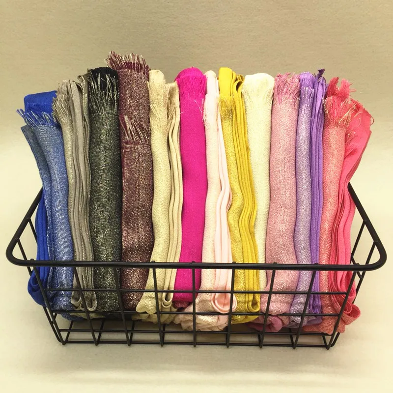 Hot sale gold thread solid fringed scarf women shimmer plain wraps shawl cosy viscose musilm hijabs 10pcs/lot fast shipping |