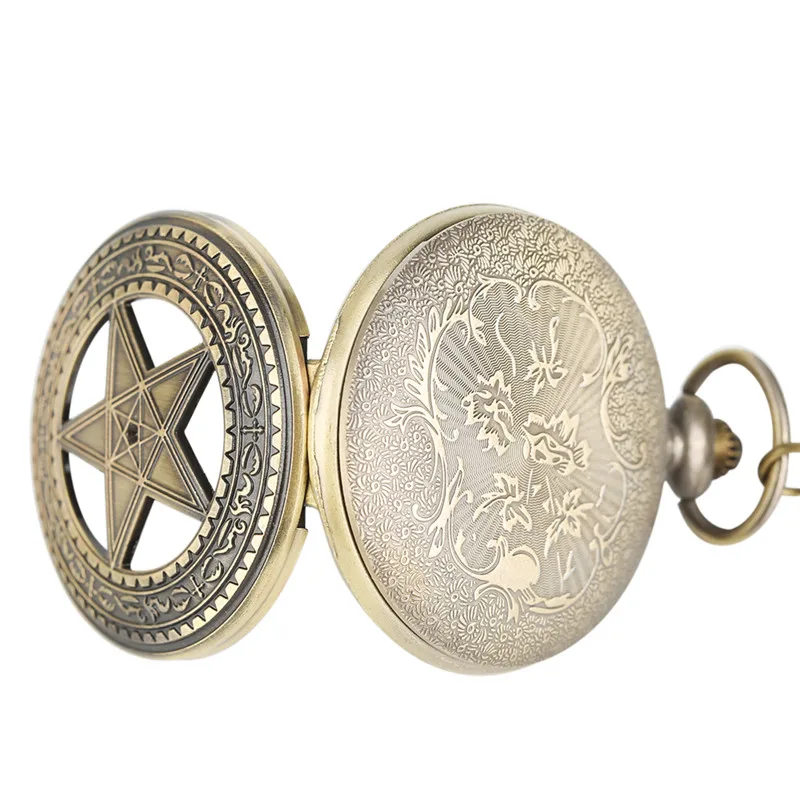 

Bronze Five Stars Shape Quartz Pocket Watch Half Hunter Vintage Pendant Gifts for Men Women 80cm Necklace Chain