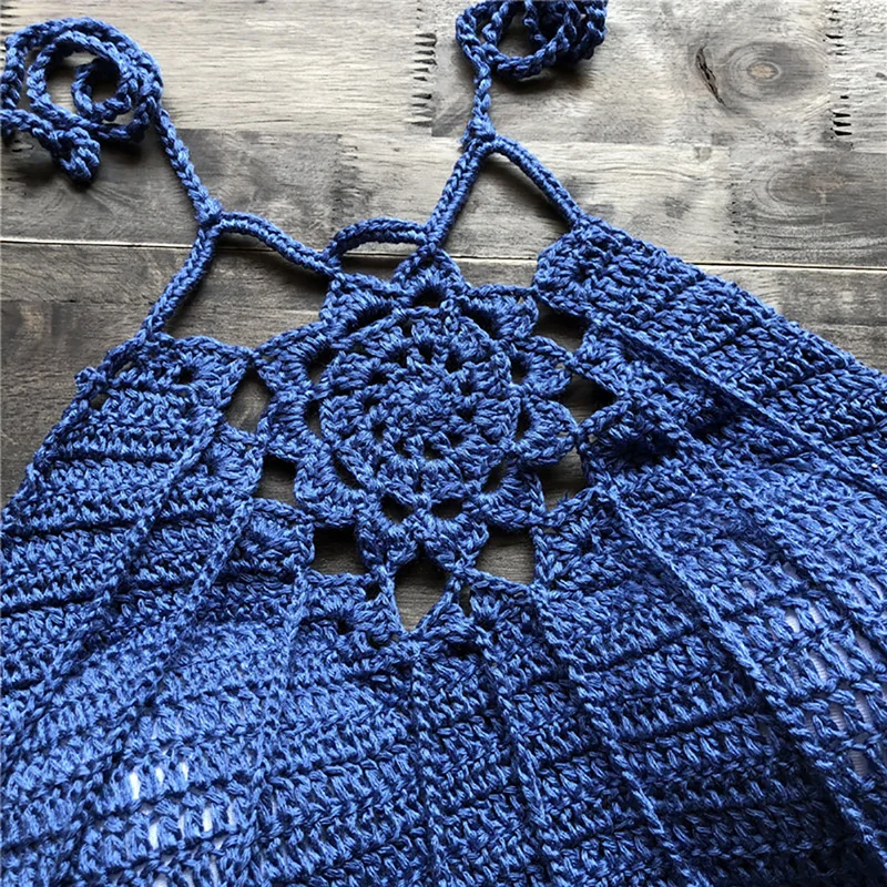 Boho пляж бикини Холтер Cami женщины крючком кружева Bralette вязать бюстгальтер Танк укороченный топ