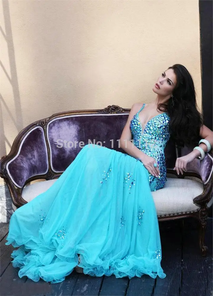 Free shippingFully Beading Spaghetti Straps Blue and Champagne Prom Dress Evening Gowns Chiffon 2013 | Свадьбы и торжества