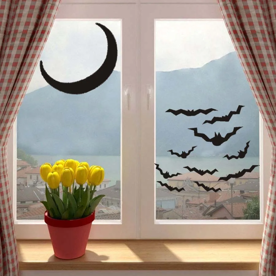 Bats&Moon Halloween Party Window Decals Modern Wall Stickers For Bedroom Living Room Home Decor Waterproof Accessory Wallpaper | Дом и сад