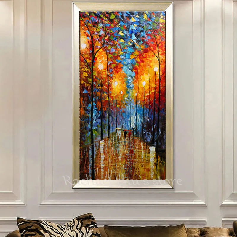 

Hand Painted Abstract Rainy Night Lamp Landscape Oil Paintings On Canvas Knife Art Pictures Wall For Living Room Home Decoration