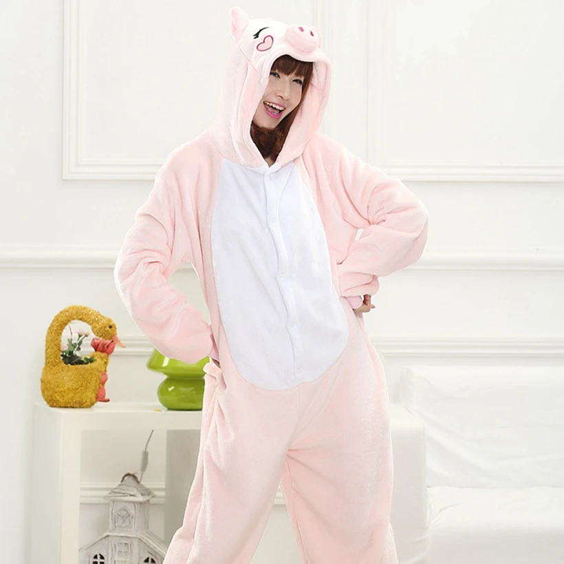 

Adults Animal Pajamas Sets Cartoon Sleepwear Cosplay Zipper Women Men Winter Unisex Flannel Pink Pig Pajamas