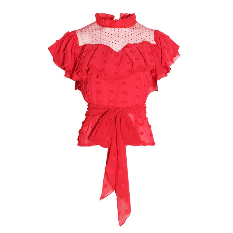 Женская шифоновая рубашка TWOTWINSTYLE летняя блузка в горошек с коротким рукавом и