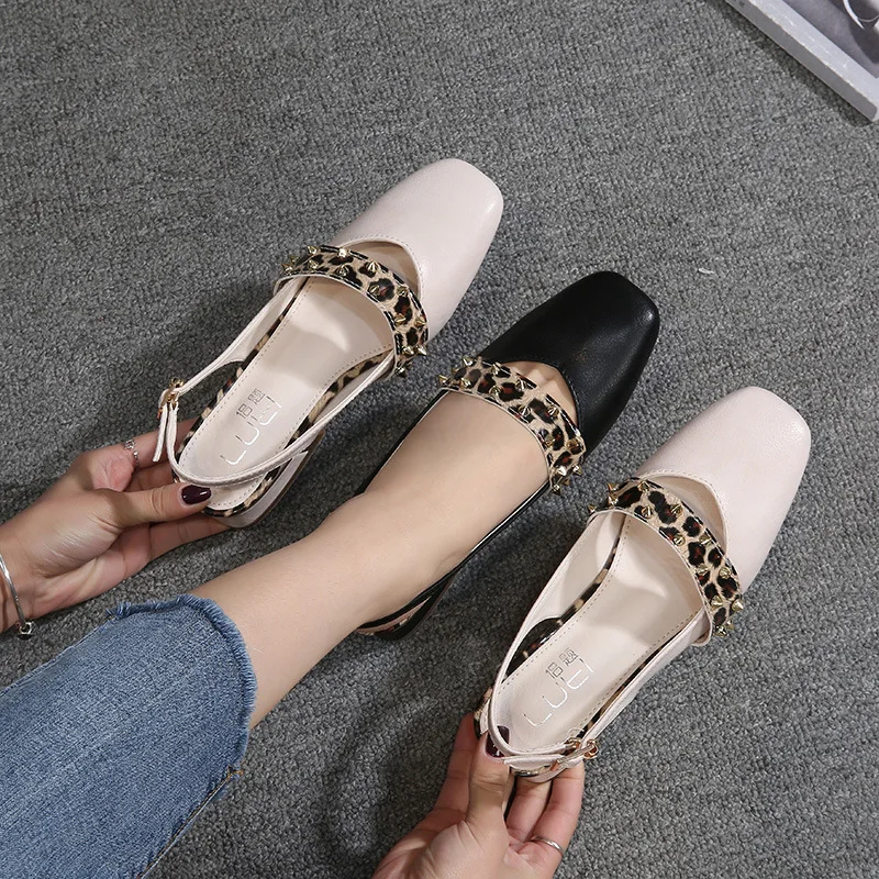 Леопардовые сандалии женские летние туфли на толстом каблуке с квадратным