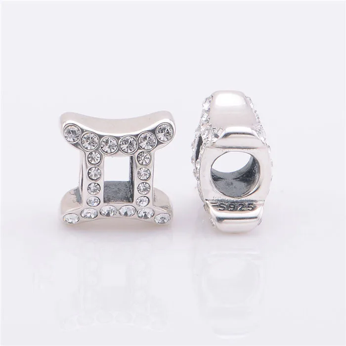2015 Новый серебряные бусины 925 пробы плавающий Gemini Zodiac Charm с кубическим цирконием