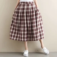 classic vintage cotton long plaid skirt women spring summer female a line elastic high waist elegant art skirts 2019