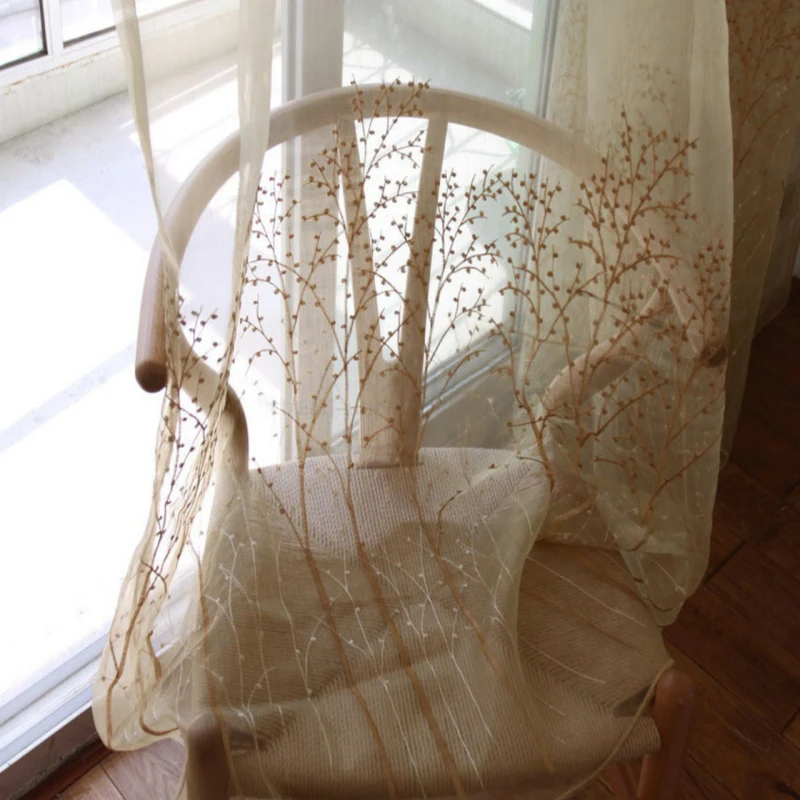 Занавески с вышивкой тюлевые шторы рисунком бежевых деревьев для гостиной