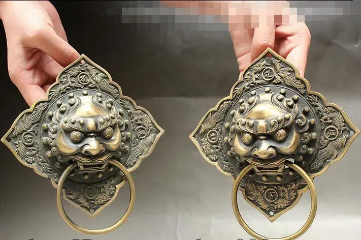 Народный китайский бронзовый дракон феникс JiXiang лев голова дверной молоток