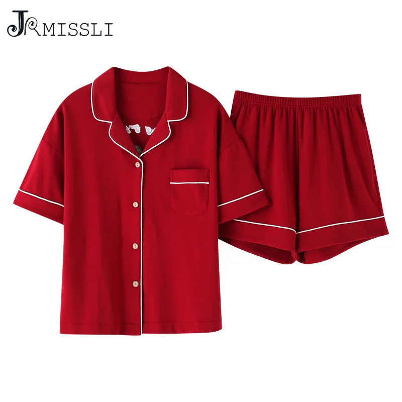 JRMISSLI красные летние женские хлопковые пижамы с коротким рукавом принтом