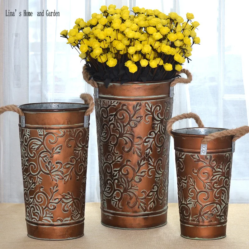 

stack 3 pieces handmade antique vintage metal flower bucket