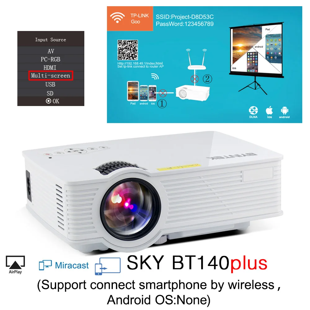 BYINTEK SKY BT140 Мини светодиодный портативный видео HD проектор для домашнего кинотеатра - Цвет: BT140Plus