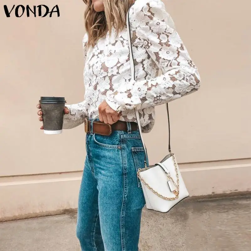 VONDA, белая кружевная блузка, женская рубашка, весна-осень, длинный рукав, Круглый ворот, открытая, повседневная, для девушек, кружевные топы, Blusas Feminina 5XL