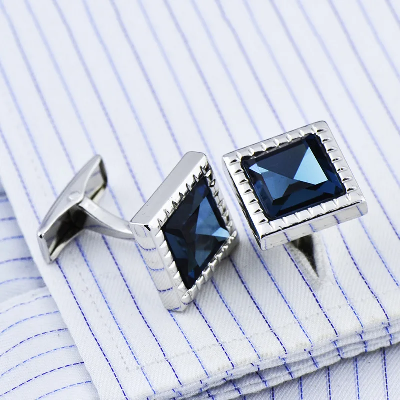Bridegroom Wedding Party Business Men French Shirts Cuff Links Dark Ocean Blue Crystal Cufflinks Silvery Cufflink With Gift Bag | Украшения