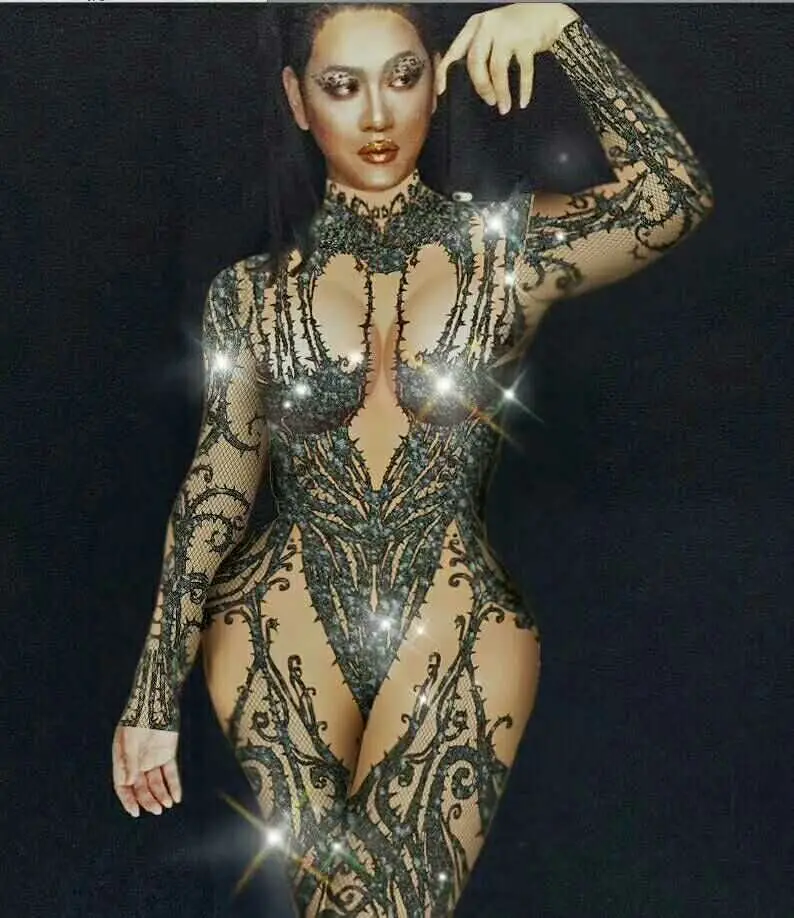 Женский комбинезон с длинным рукавом черный кристаллами|costume costume|costume performancecostumes