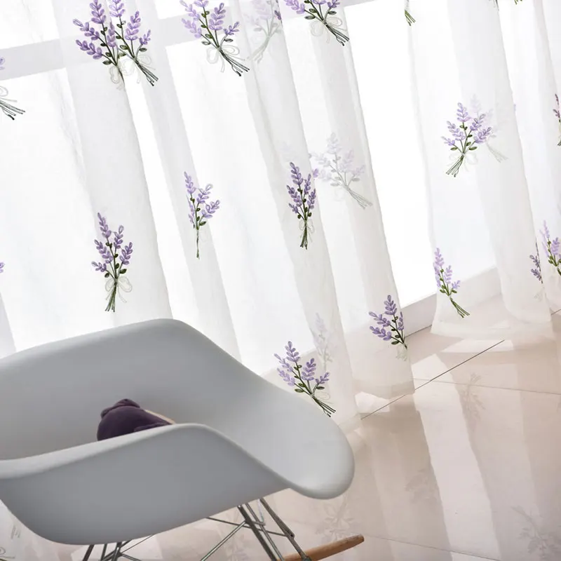 High-grade white embroidered lavender flowers European style tulle curtains bedroom / living room balcony 2 colors | Дом и сад