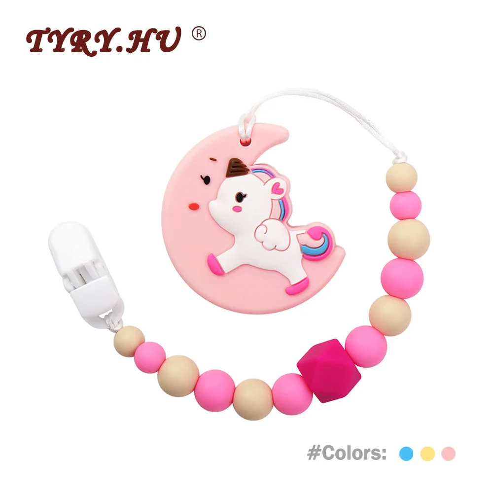 

TYRY.HU 1Pcs Baby Teething Pacifier Chain Personalized Baby Pacifier Clips Moon Unicorn Food Grade Silicone Teether Shower Toys