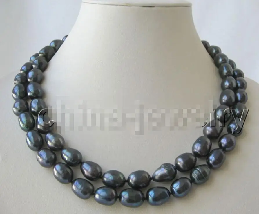 

2row 17-18" 10-13mm natural black baroque freshwater pearl necklace