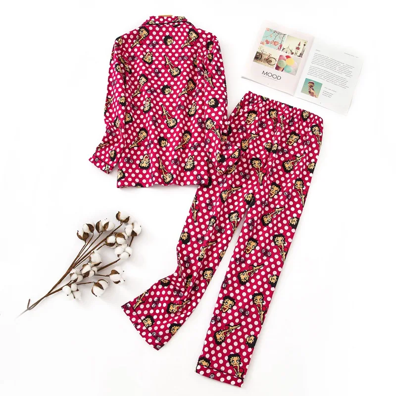 New Women's pajama sets turn-down collar red color with cute girls and white dots printed cotton sweet pajamas for ladies